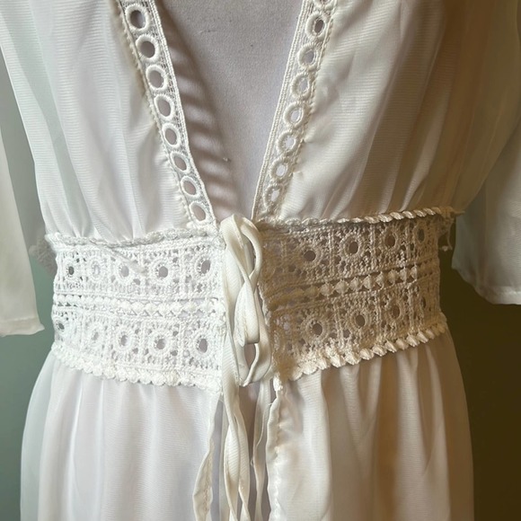 White sheer Cotton/blend Long crochet eyelet lace swim dress coverup tie waist - Picture 2 of 9